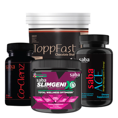 Saba ACE Weight Management Kit - Saba ACE - One 60-count bottle, Saba IQ -One 30-serving canister, Co-Clenz – One 30-servinc bottle + ToppFast – One 30-serving canister -Chocolate.